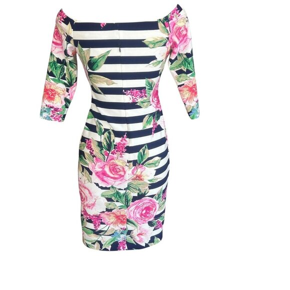 Eliza J Off Shoulder Striped Rose Floral Long Sleeve Dress Size 6 - Picture 1 of 10